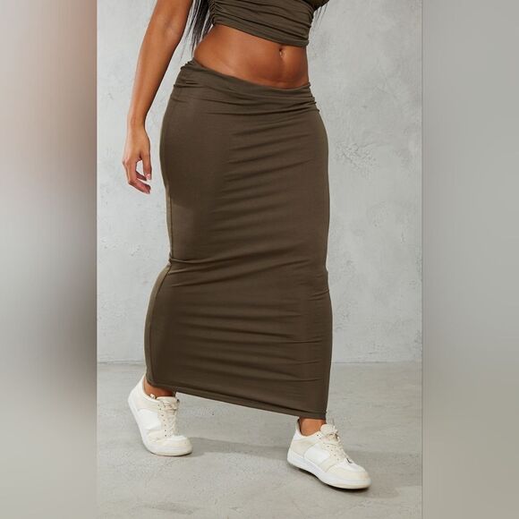 PrettyLittleThing Shape Khaki Jersey Low Waist Maxi Skirt Size 4 in Brown/Khaki - Picture 1 of 7